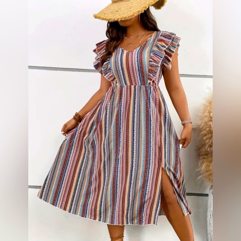 Plus Size Boho Aztec Print Back Tie Dress